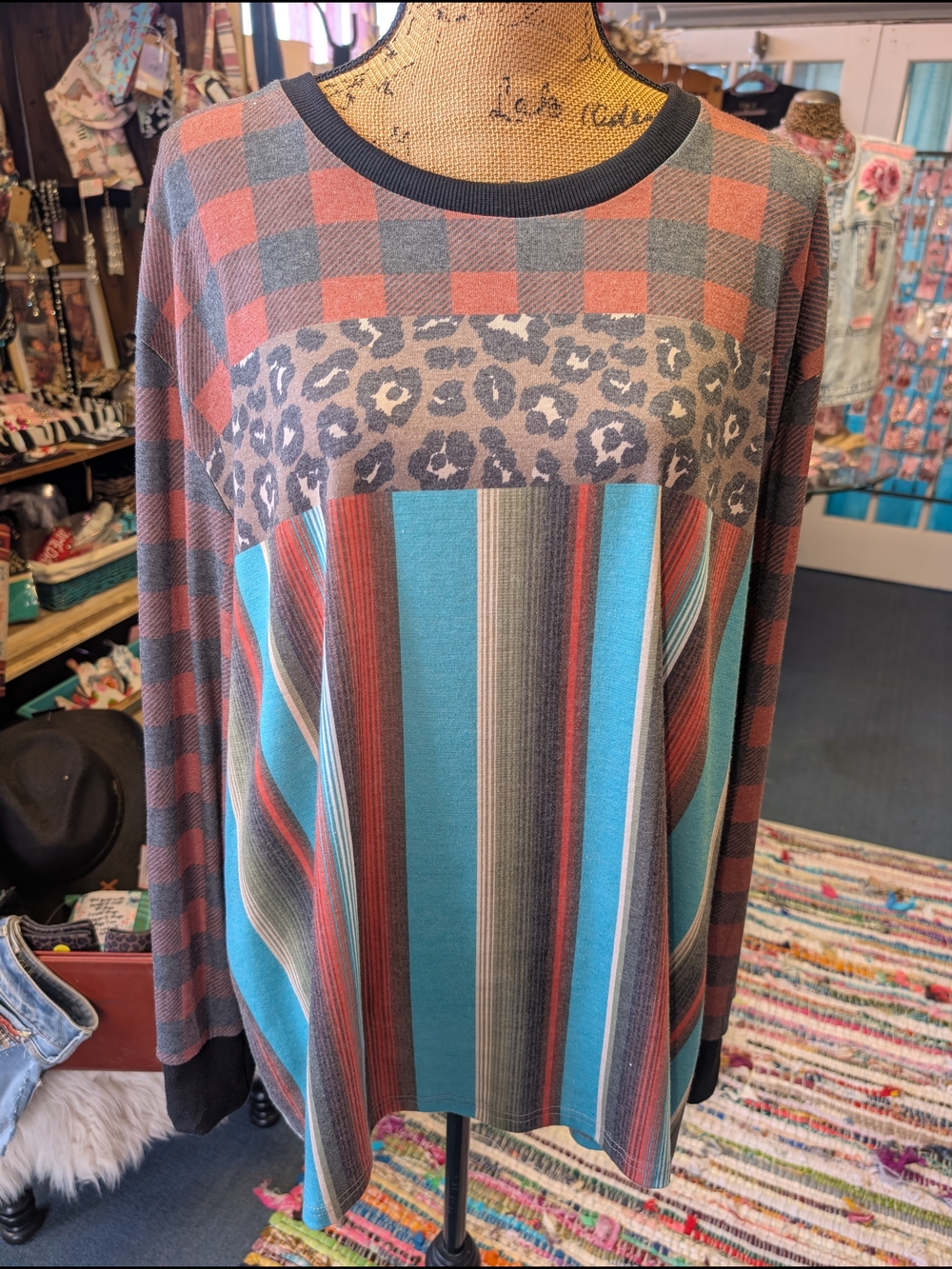 Crazy Train Mixed-Print Long Sleeve Top in Teal and Rust